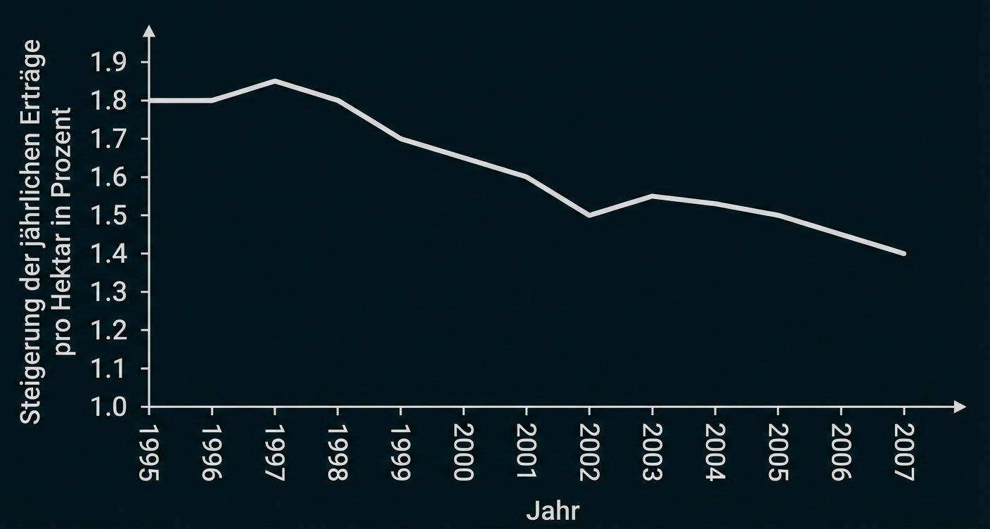 Liniendiagramm: jährliche Ertragssteigerung pro Hektar sinkt von ca. 1,8% (1995) auf ca. 1,4% (2007).